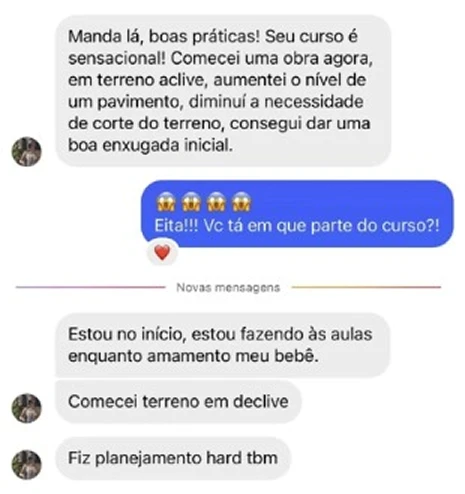 Print de mensagem de aluno que aumentou um pavimento e diminuiu a necessidade de corte do terreno em obra em terreno aclive